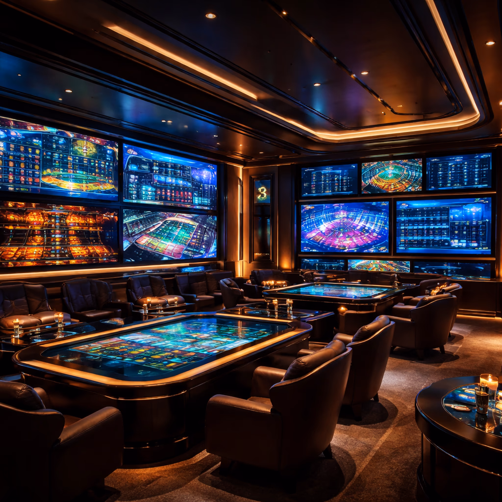 Modern digital gaming lounge with bright screens, betting panels, and a celebratory winning atmosphere.