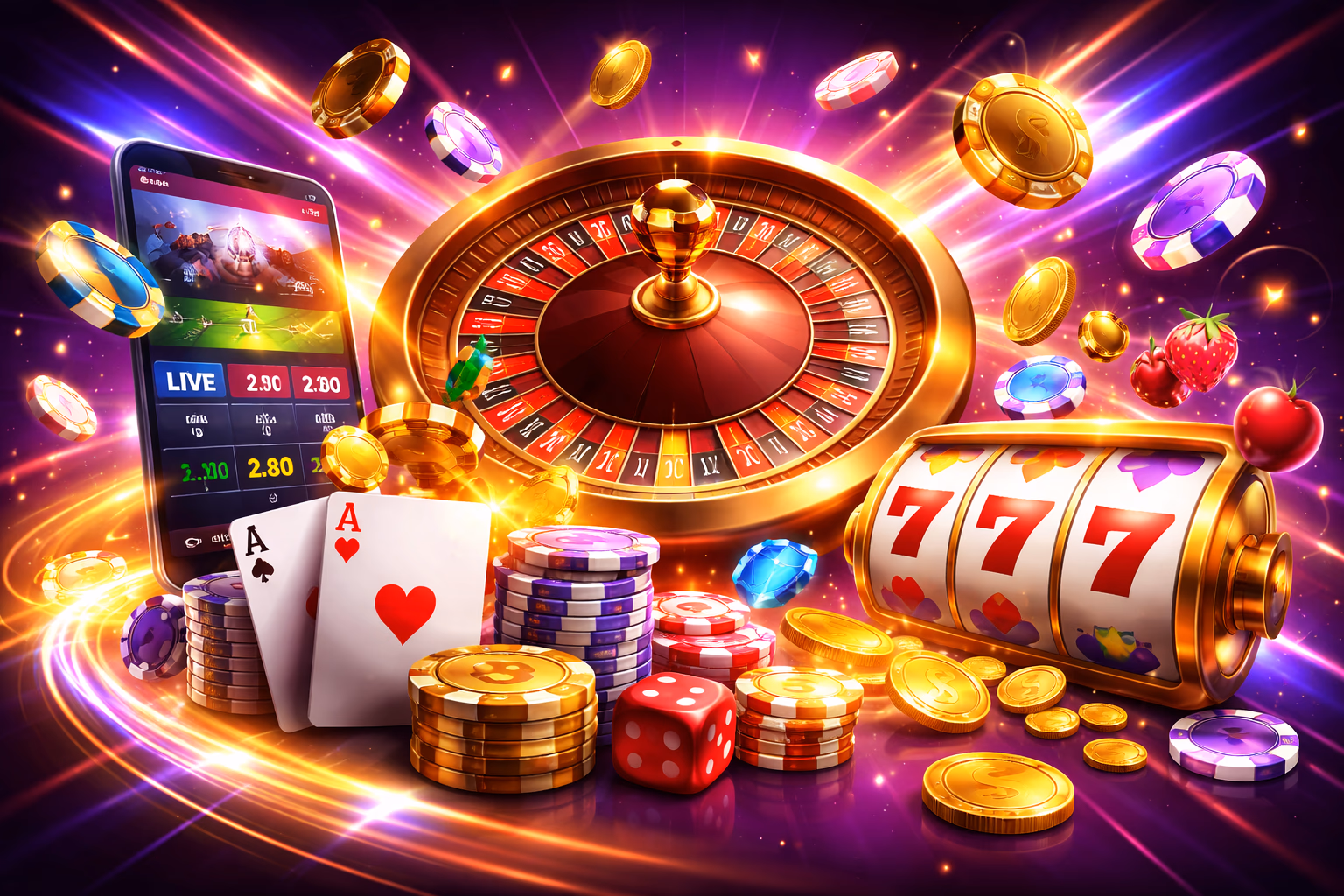 Dynamic online gaming interface with jackpot graphics, sports odds, and a vivid winning notification.