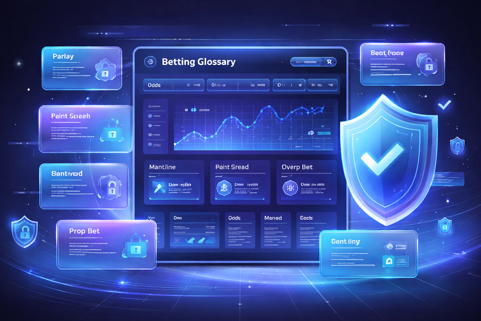 Clean betting dashboard with glossary cards, odds displays, and secure account tools on screen.