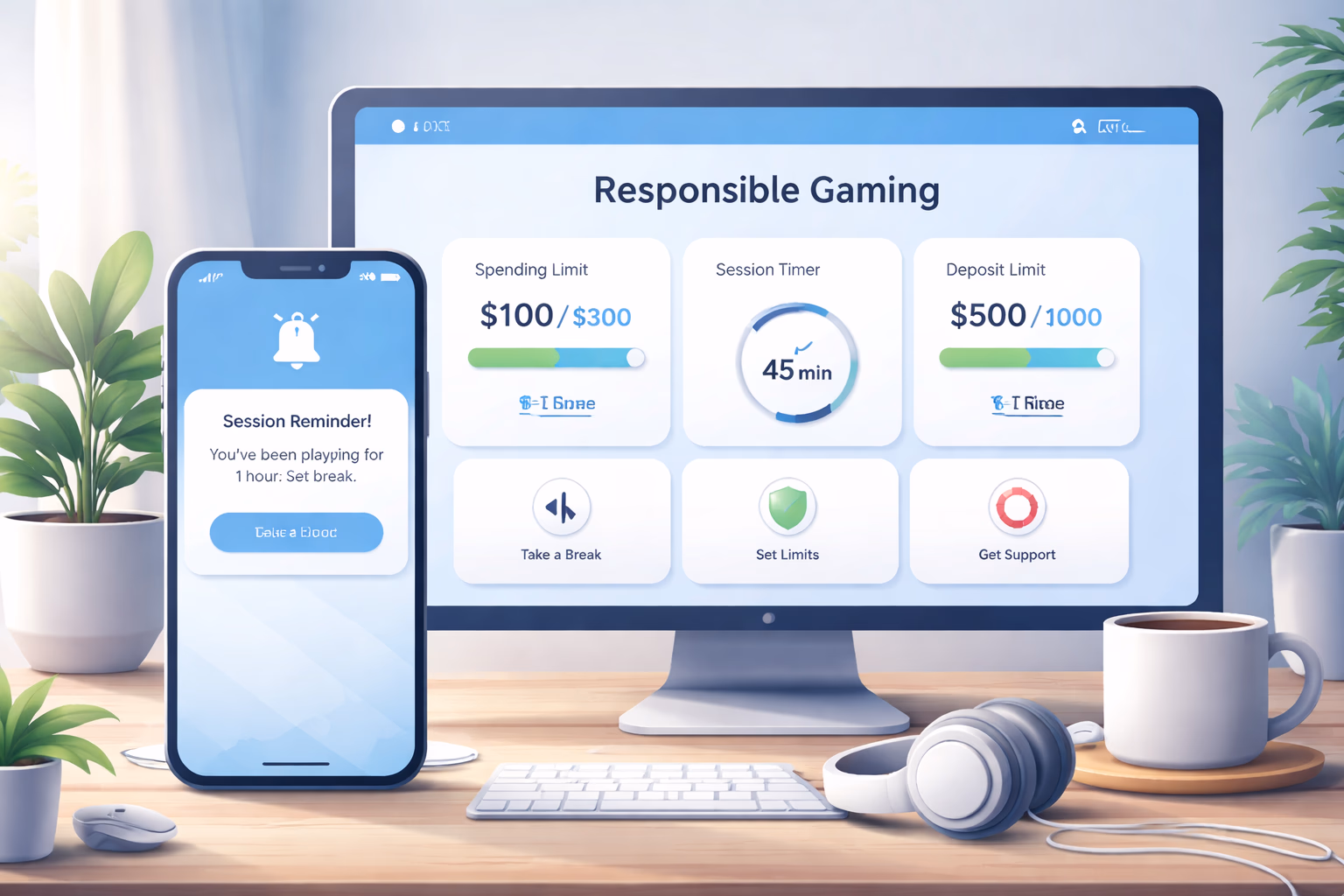 Calm digital environment showing account limits, session reminders, and responsible gaming tools.