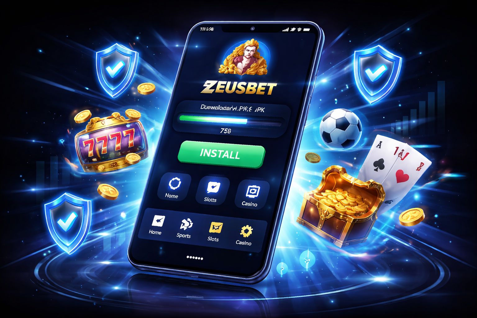 Android phone installing the ZeusBet APK beside glowing casino elements and a sleek betting dashboard
