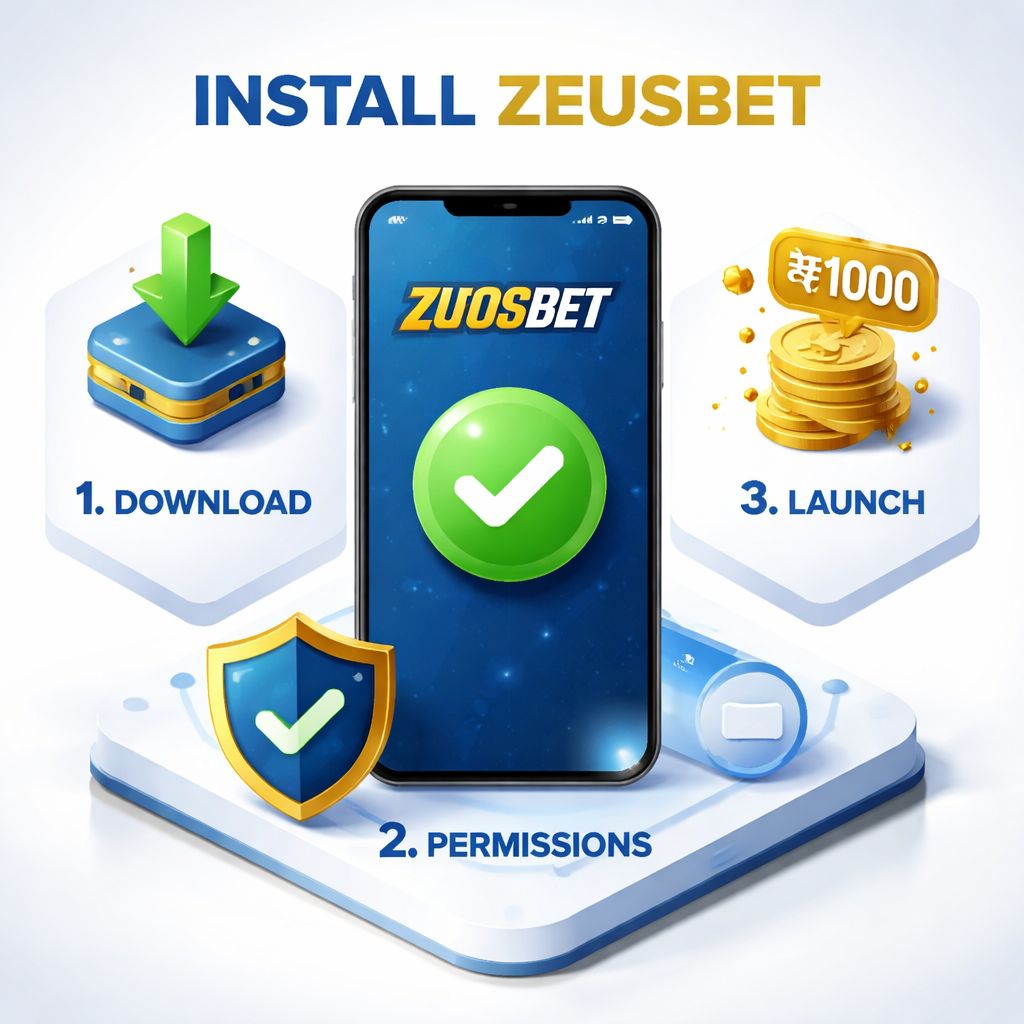 Step-by-step visual of ZeusBet app installation on an Android device with download and security icons