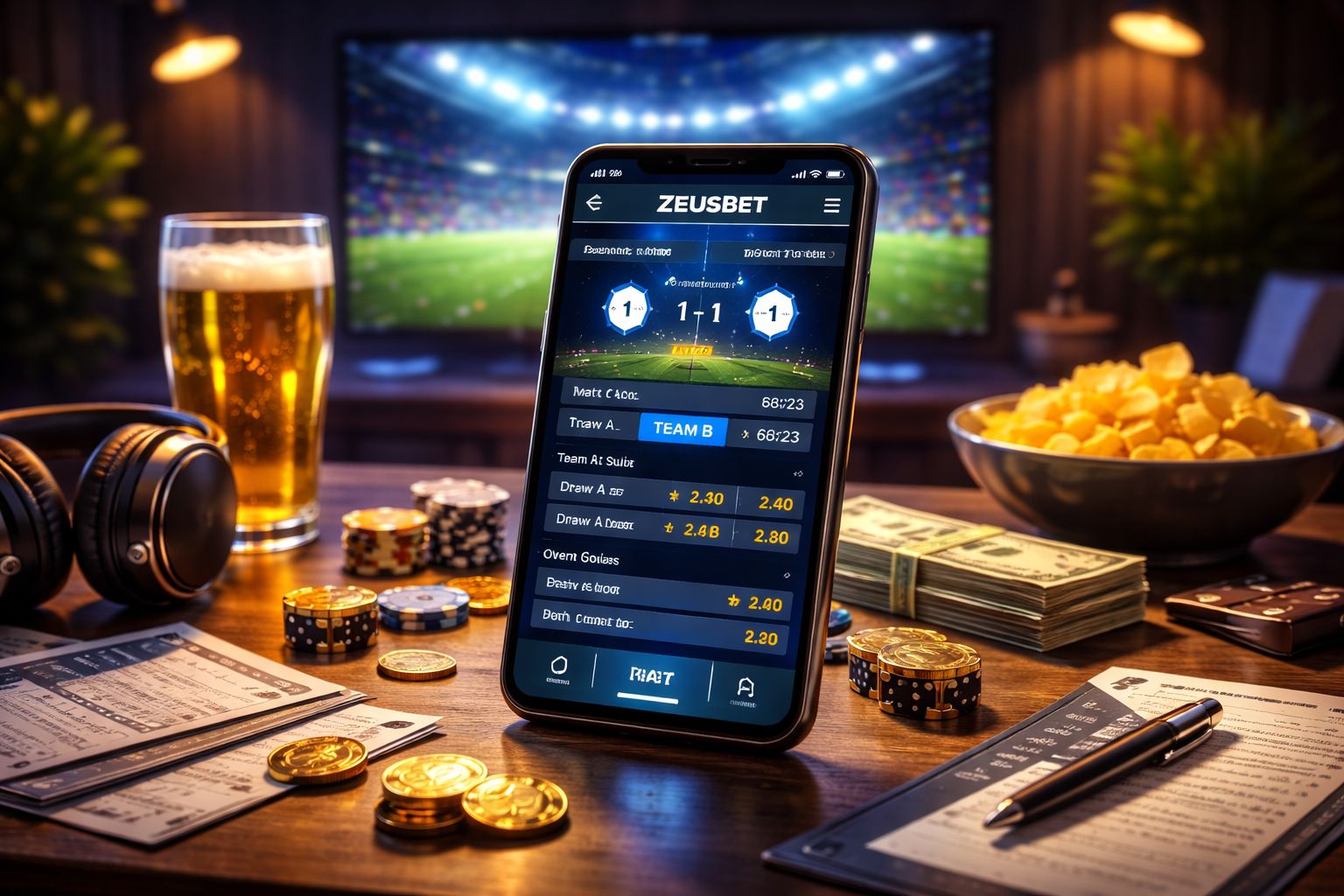 A modern bettor checking ZeusBet live sports markets on a smartphone during an intense evening match.