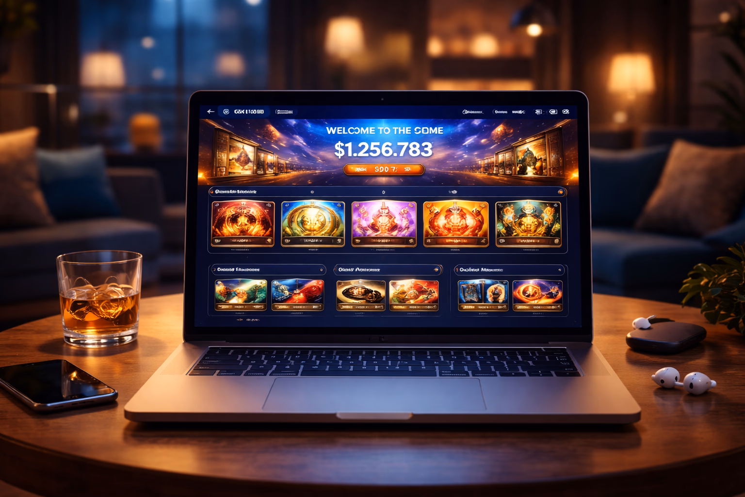 A sleek digital casino lobby on a laptop screen with vivid tables, slot icons, and a polished ZeusBet interface for Argentine users.