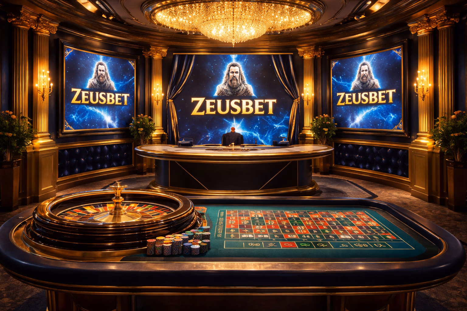 An elegant live casino studio with a roulette table, ambient lighting, and ZeusBet branding displayed on digital panels.