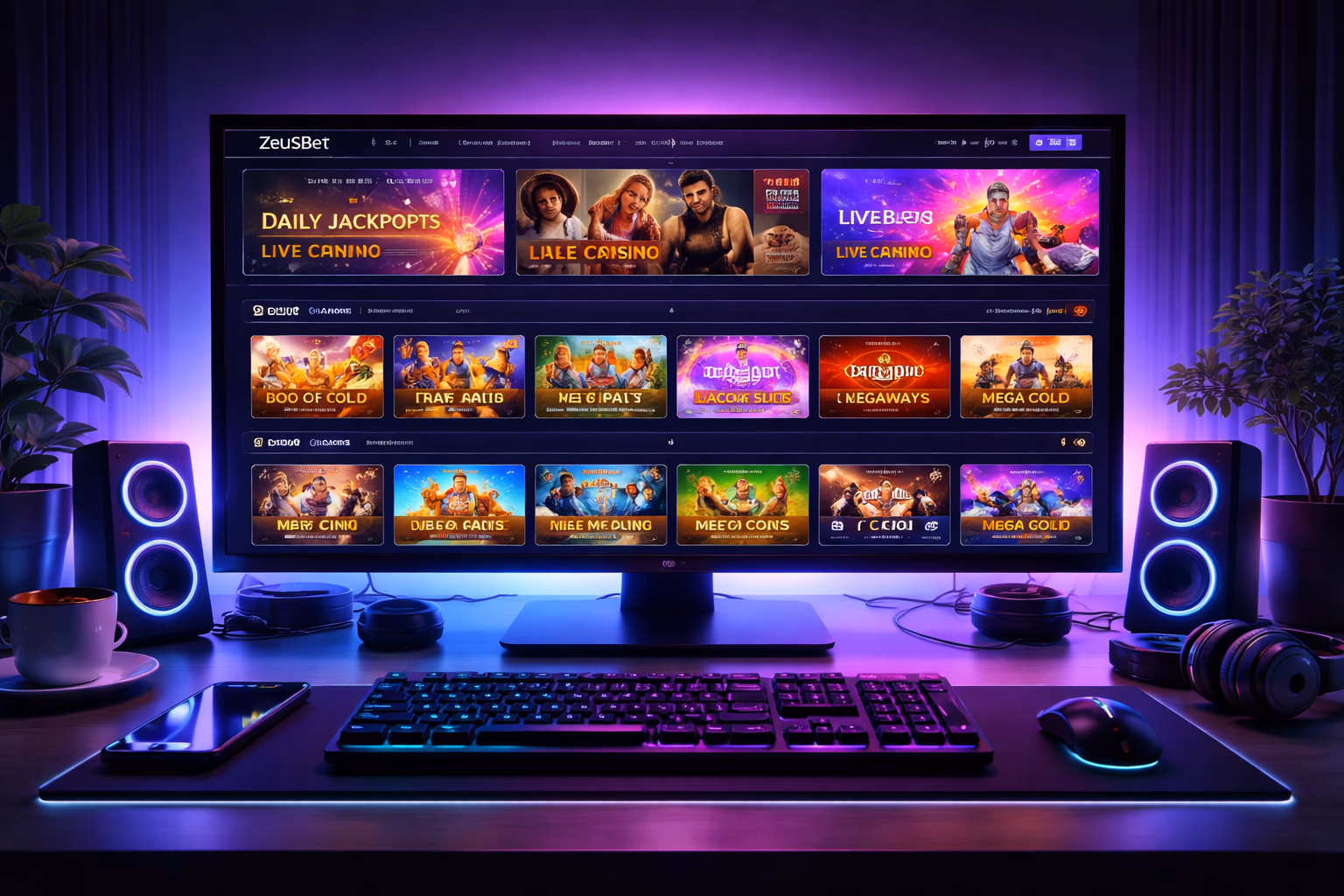 A sleek ZeusBet interface on desktop showing multiple game categories arranged for easy browsing