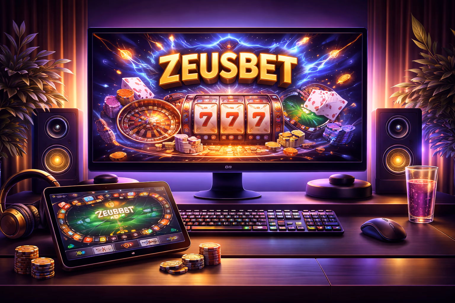 A modern gaming setup highlighting ZeusBet casino titles with crisp visuals and balanced neon lighting