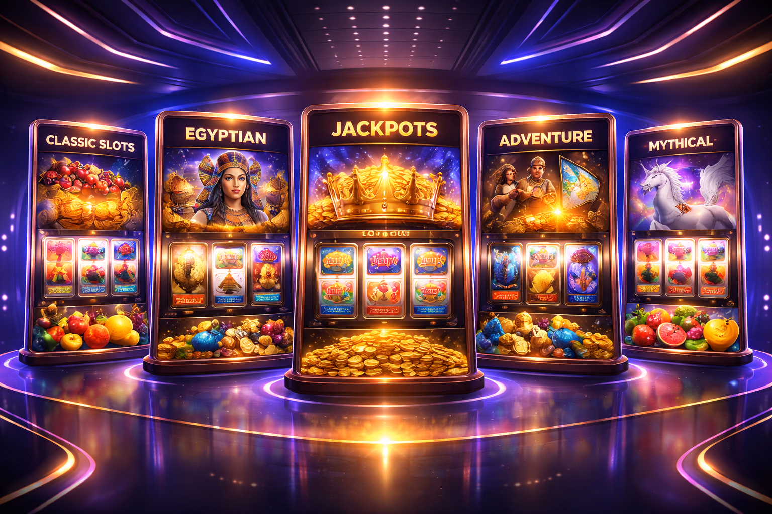 A sleek digital showcase of multiple ZeusBet slot categories with colorful themes and premium reel designs.